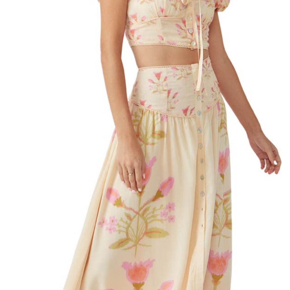 Free People Pink Floral long skirt with mid drift top